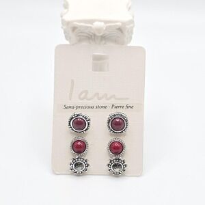I AM Brand Earrings Stud Semi-Precious Red Cabochons Crystals Silver Tone 3 Pair